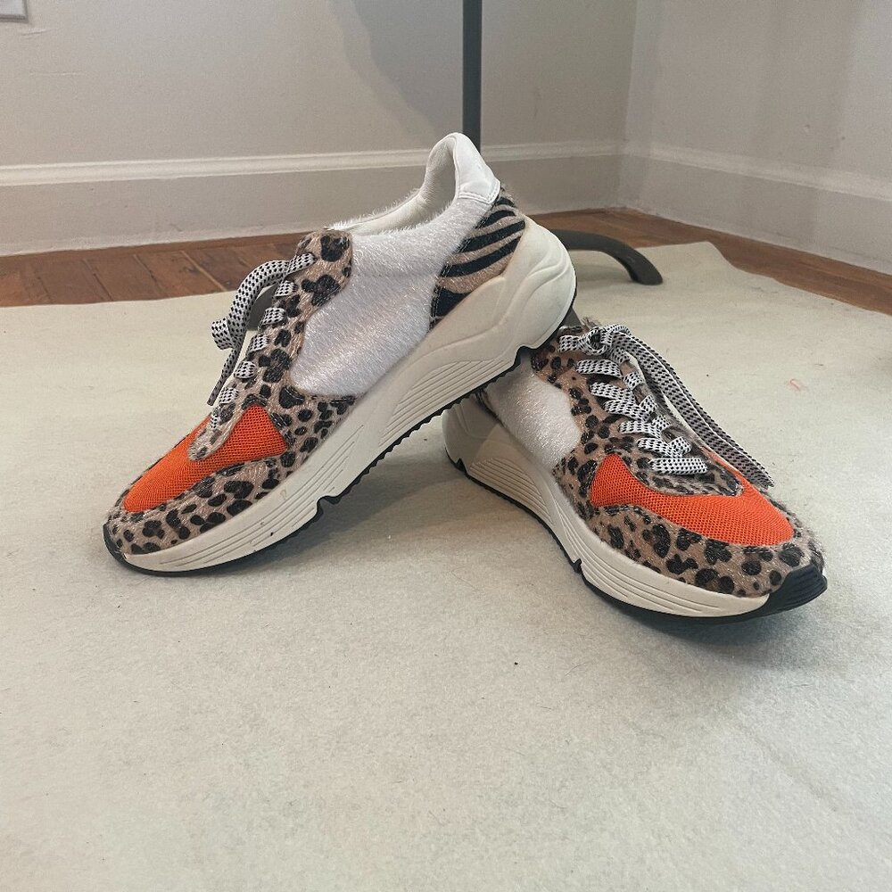 White Raven Willow cheetah faux hide and orange platform sneakers NWOT, size 7